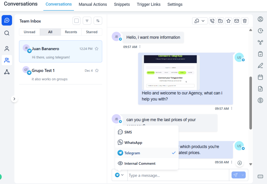 conversations tab in gohighlevel where the telegram conversations appear, confirming the proper connection using telegrapp